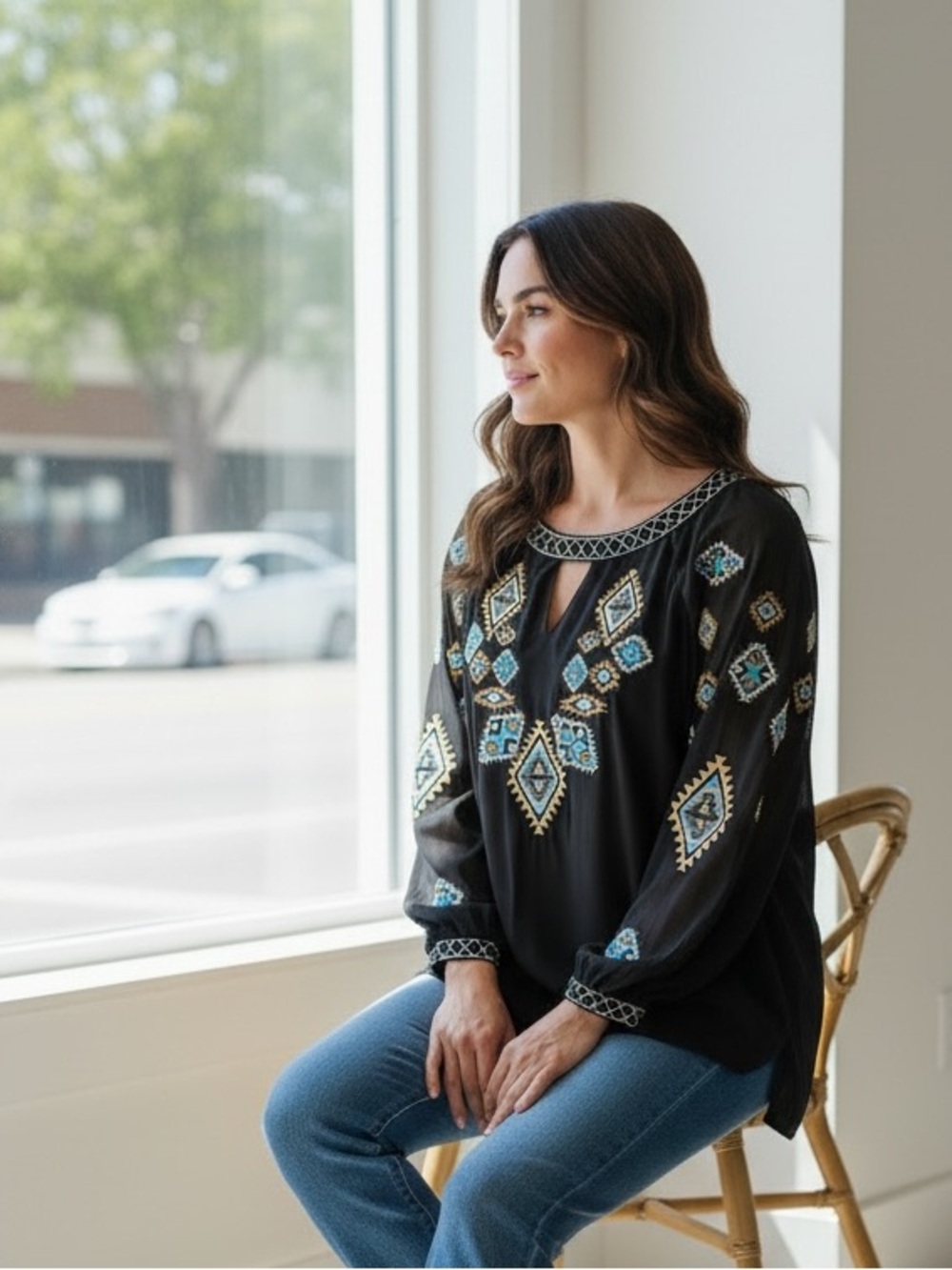 NWT Lucky & Blessed Black Blouse with Teal and Gold Embroidery